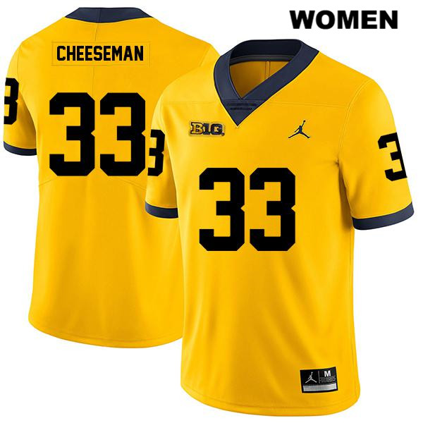 Women's NCAA Michigan Wolverines Camaron Cheeseman #33 Yellow Jordan Brand Authentic Stitched Legend Football College Jersey OE25N36DX